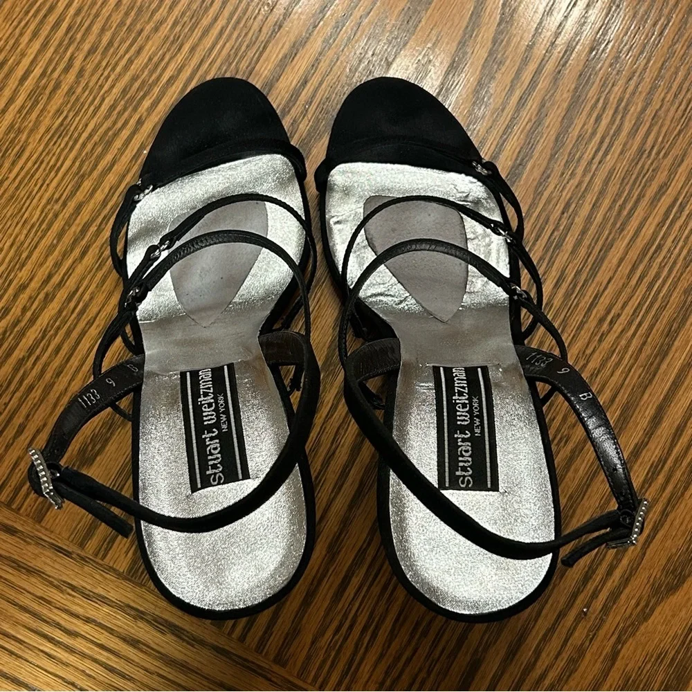 Stuart Weitzman Black Strappy Sandals Rhinestones on Strap & Buckle Size 9 - Picture 5 of 12